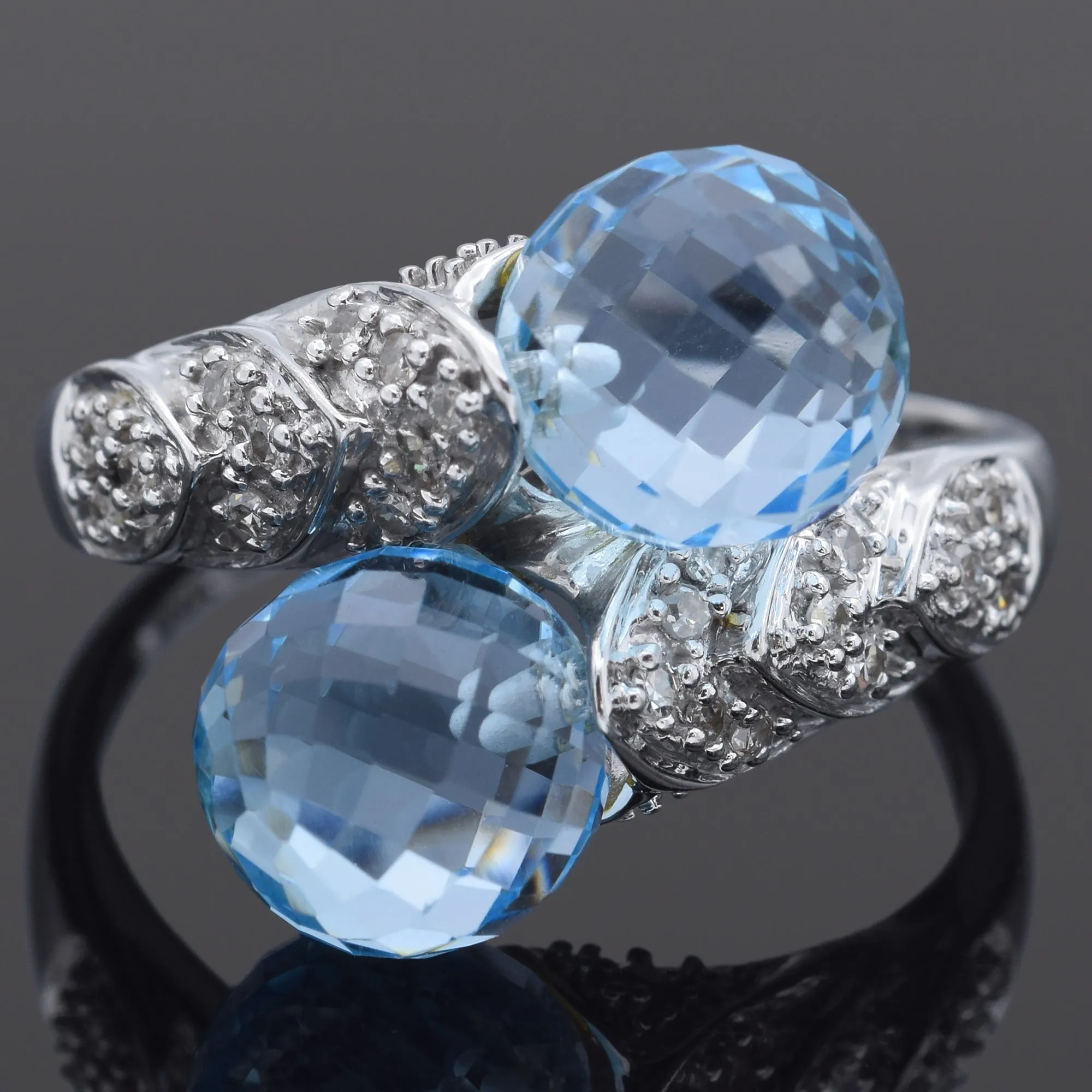 Estate Blue Topaz & Diamond 14K White Gold Bypass Ring Size 8