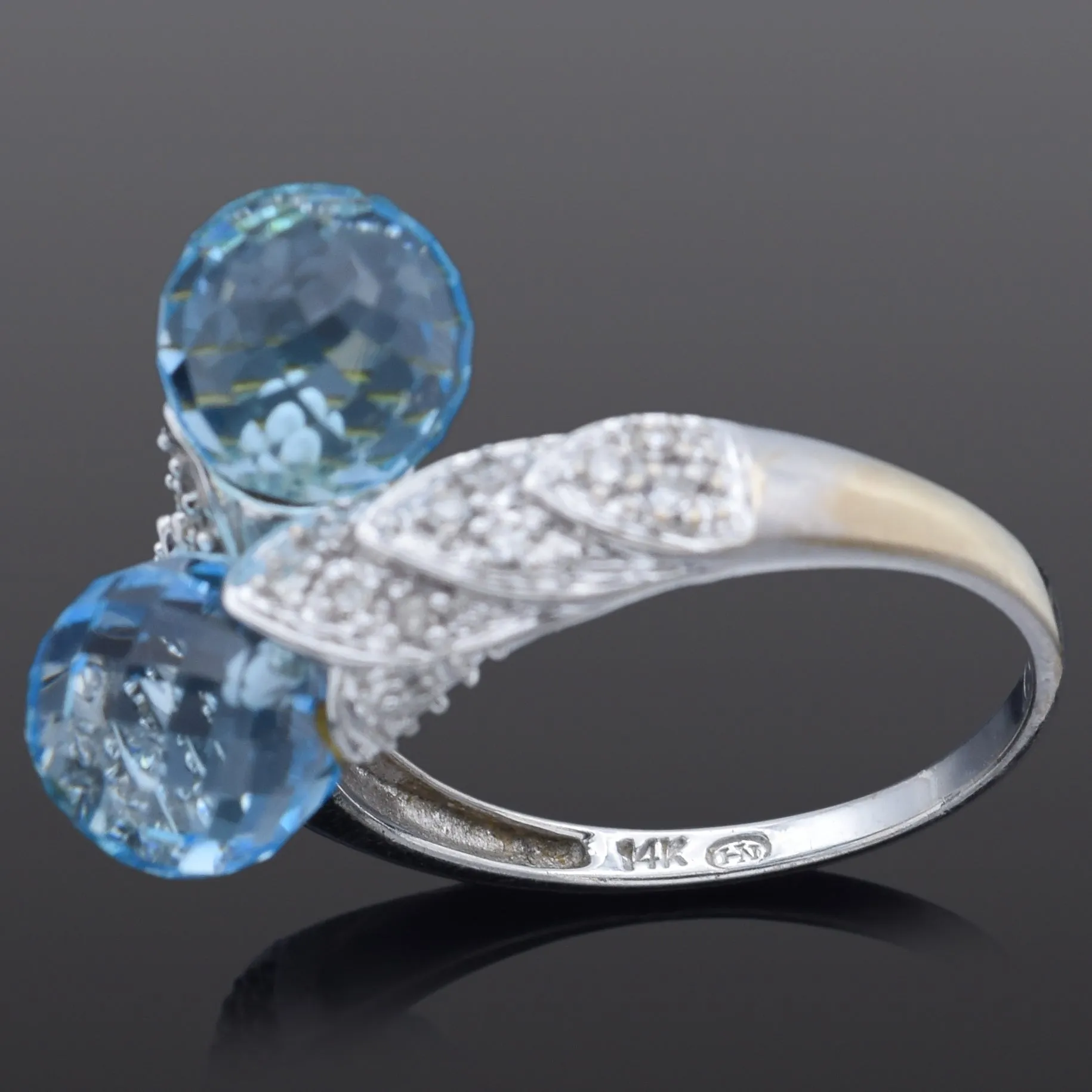 Estate Blue Topaz & Diamond 14K White Gold Bypass Ring Size 8