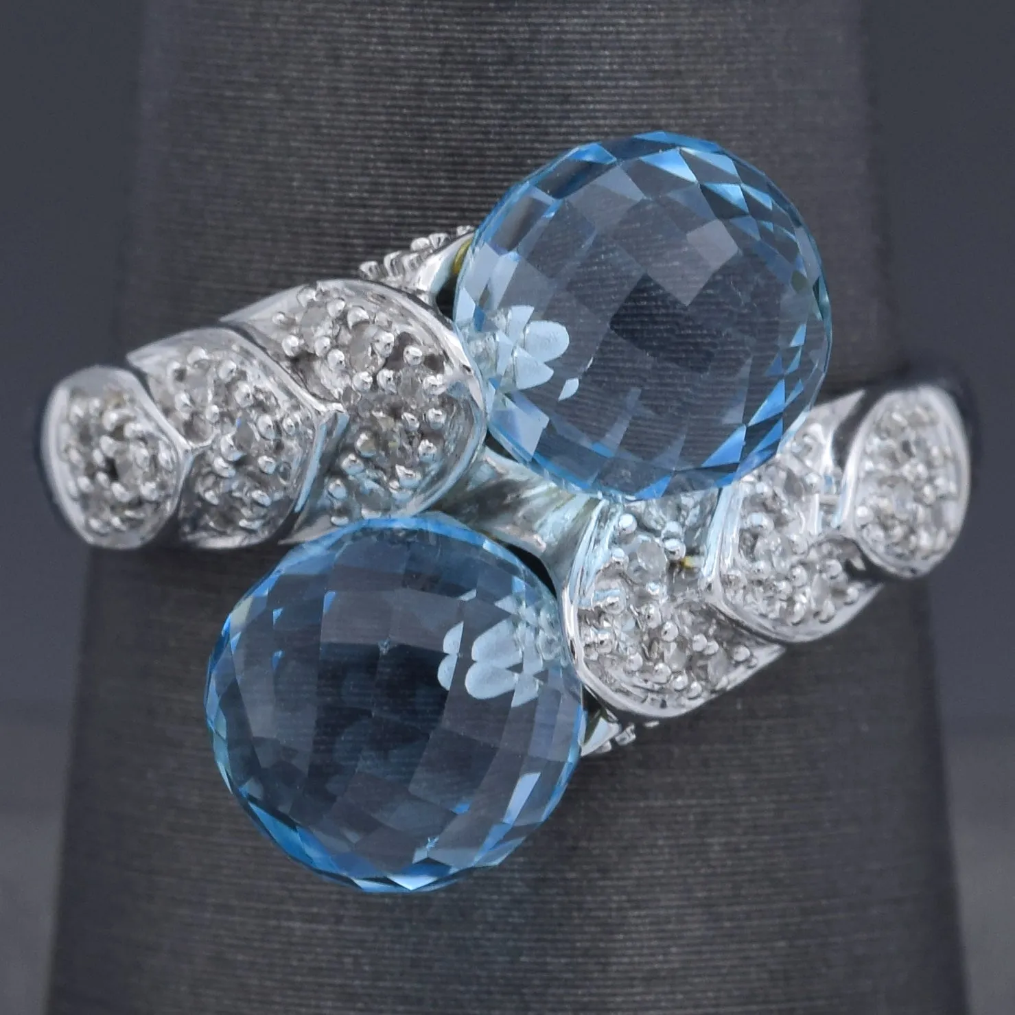 Estate Blue Topaz & Diamond 14K White Gold Bypass Ring Size 8