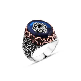 Eye Figure on Ellipse Synthetic Blue Amber Stone Silver Men's Ring with Wavy Pattern Around