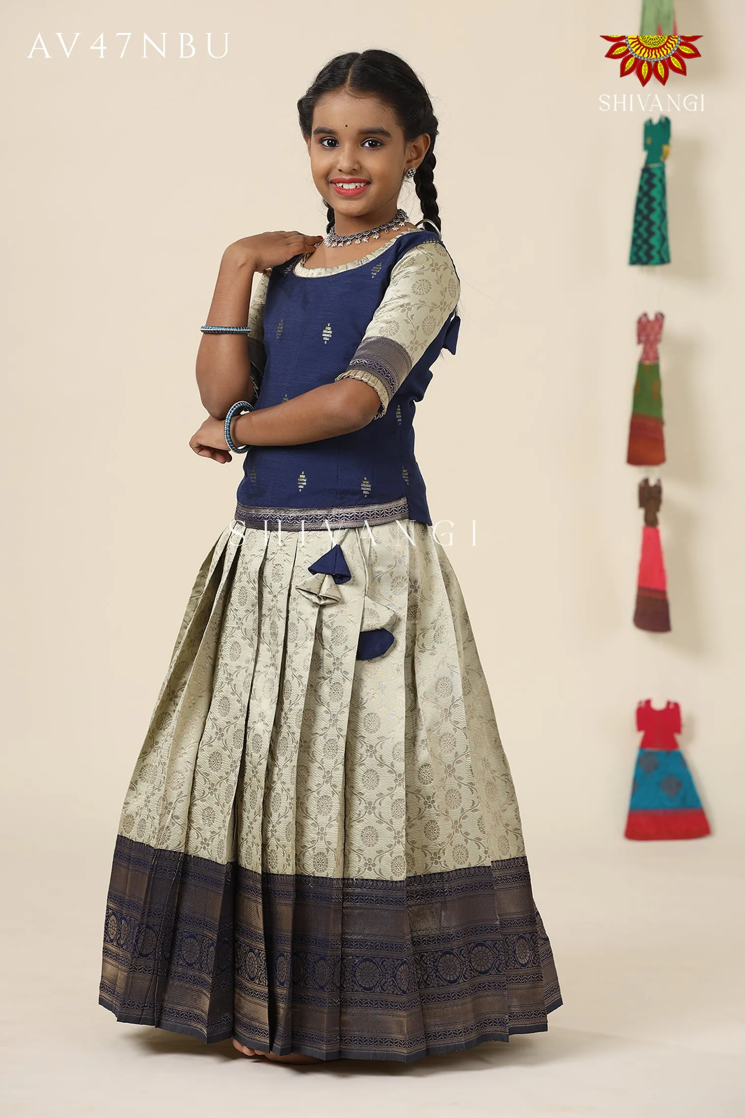 Festive Collection -Navy Blue Banaras Mughal Pattu Pavadai  For Girls !!