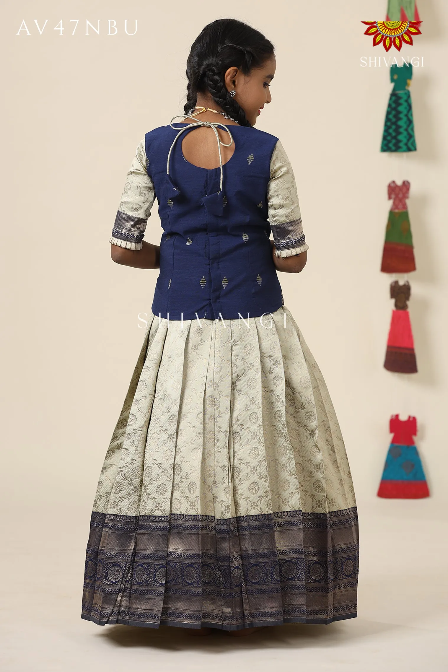 Festive Collection -Navy Blue Banaras Mughal Pattu Pavadai  For Girls !!