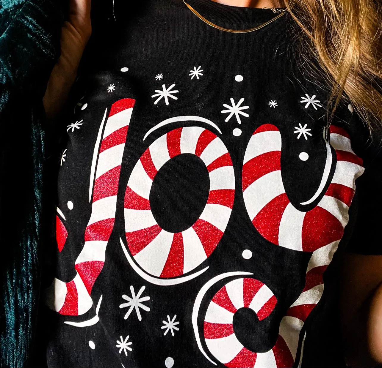 JOY Candy Cane Glitter Graphic Tee