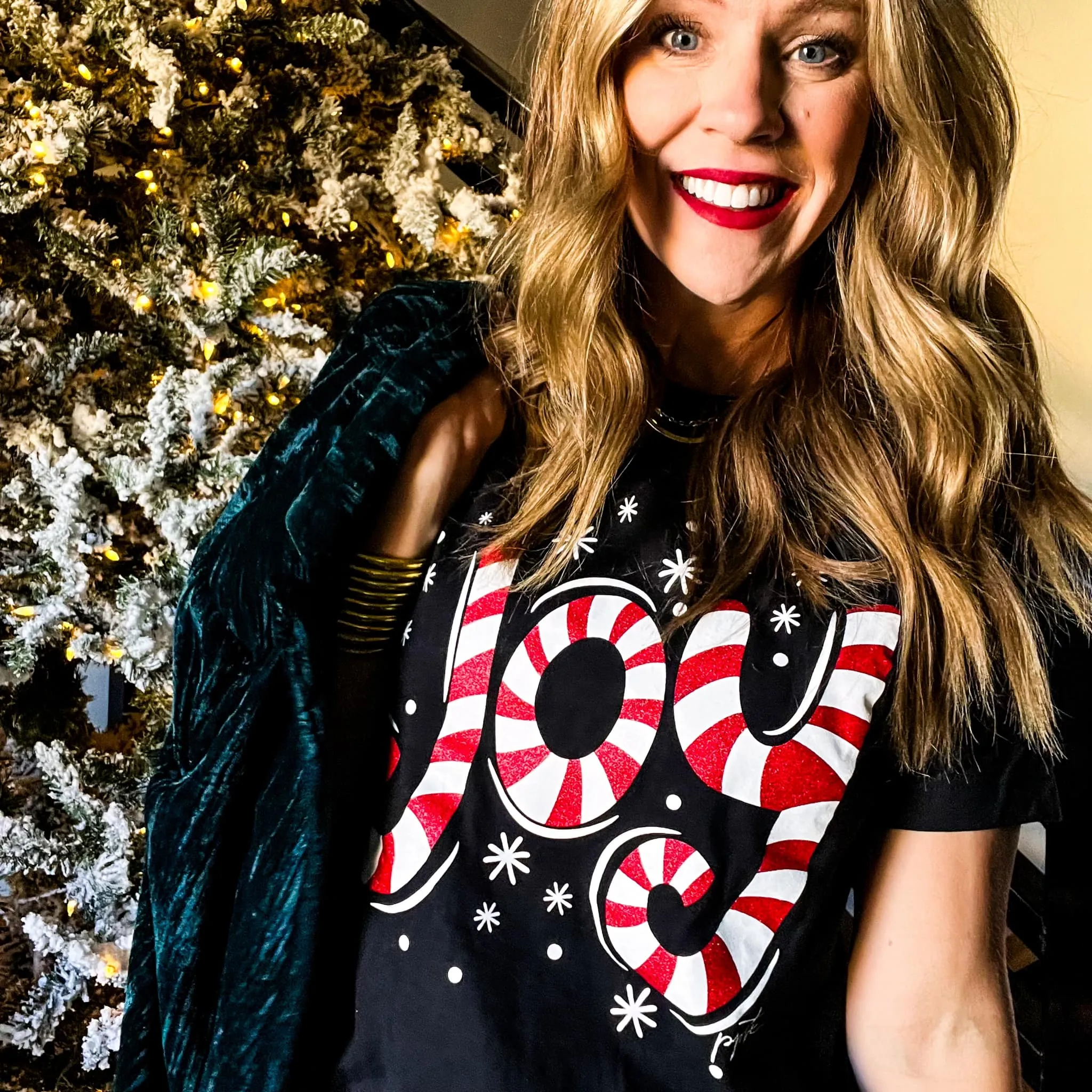 JOY Candy Cane Glitter Graphic Tee