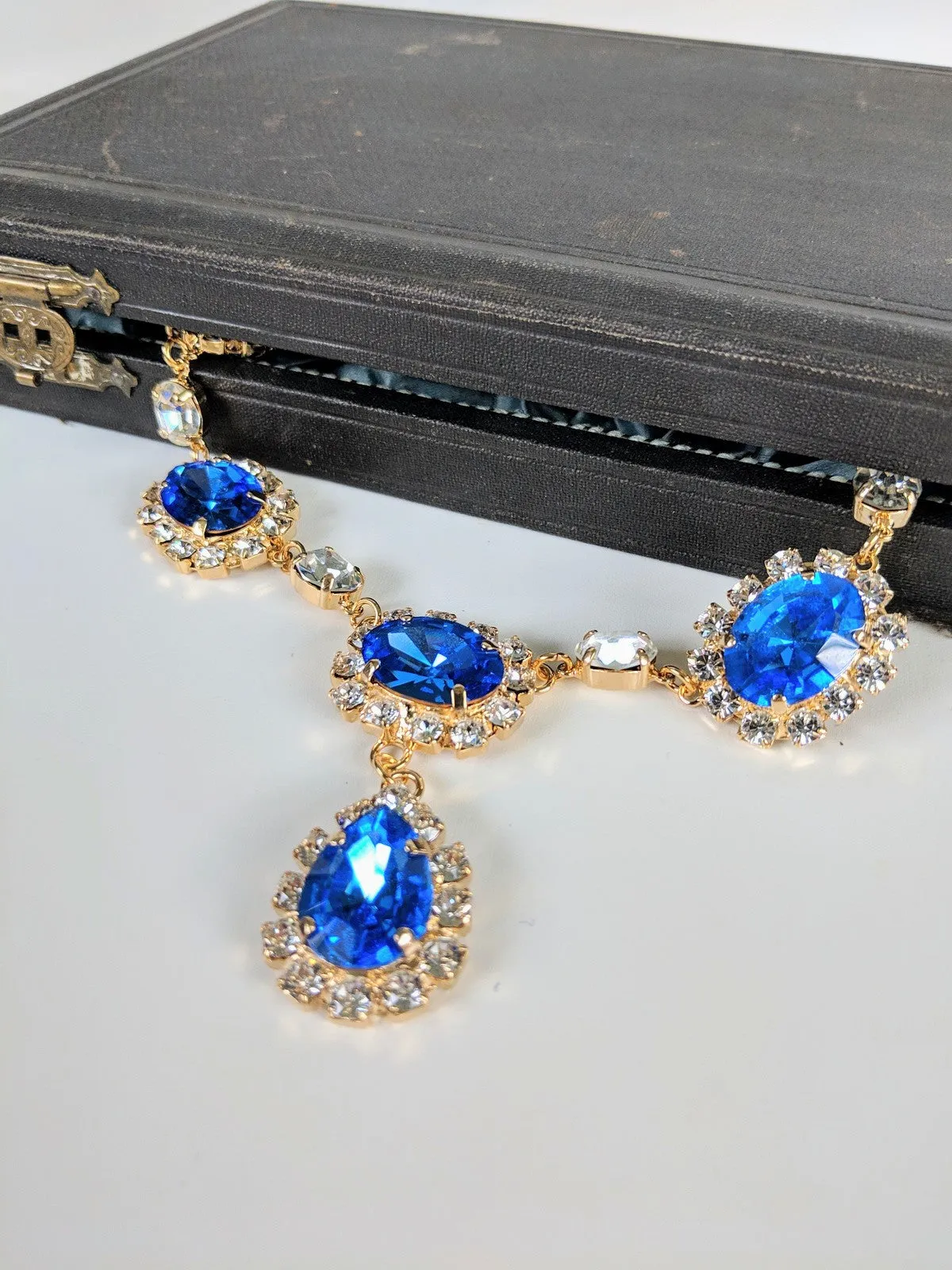 Large Swarovski Sapphire Blue Halo Necklace with Teardrop