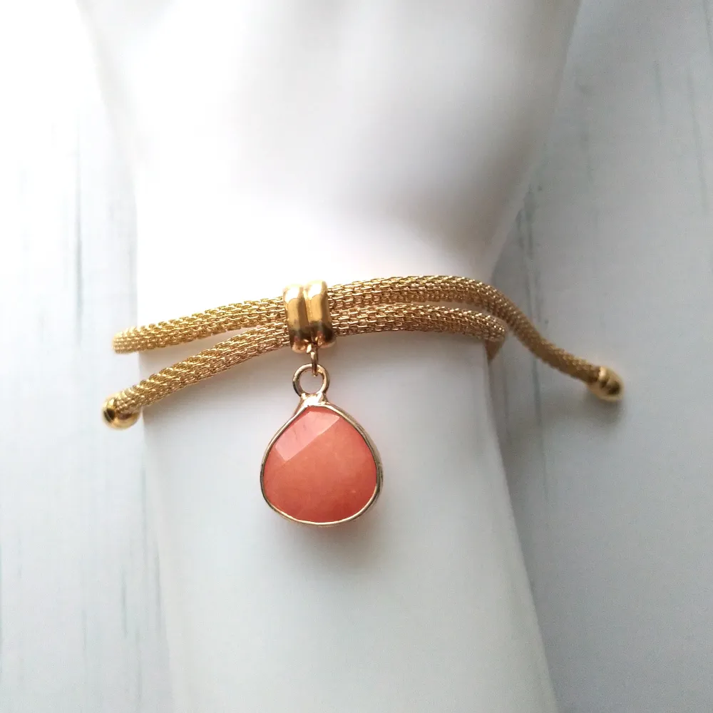 Metal Mesh Slider Bracelet With Salmon Pink Jade