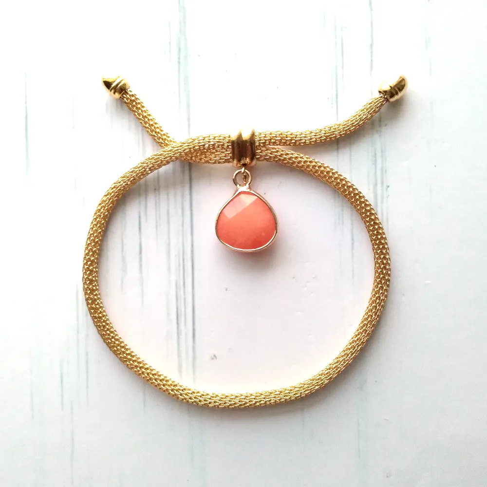 Metal Mesh Slider Bracelet With Salmon Pink Jade