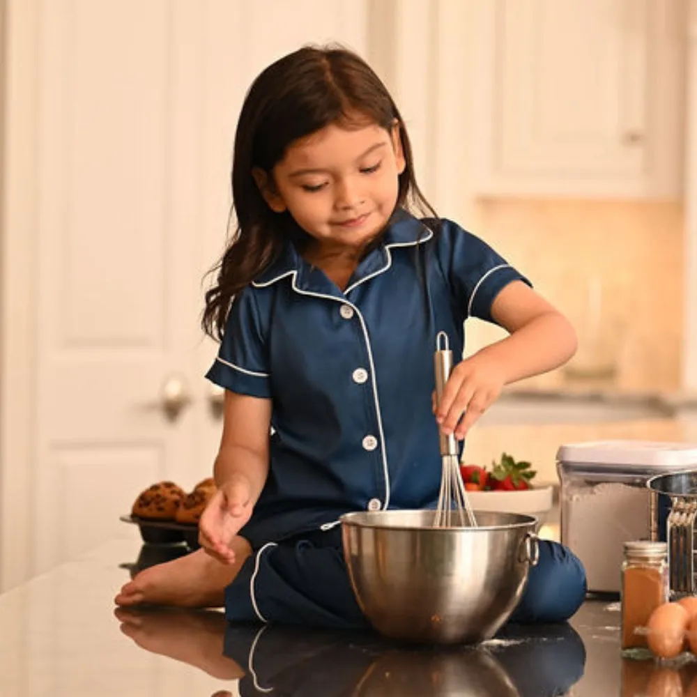 Mini Charlie Satin Separates - Navy Short Sleeve Top