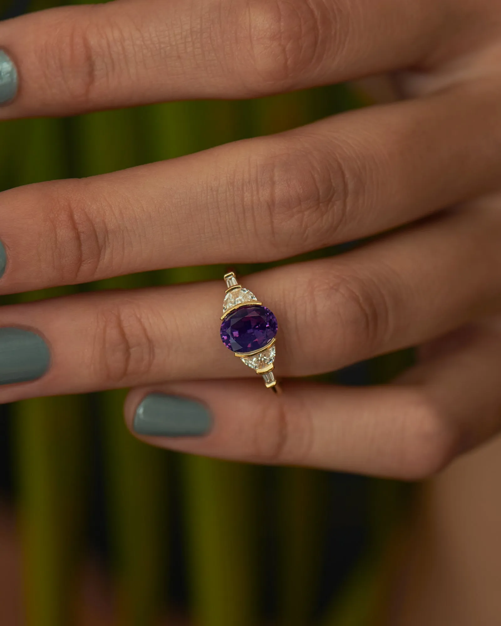 Neptune Violet Sapphire & Crescent Diamond Engagement Ring