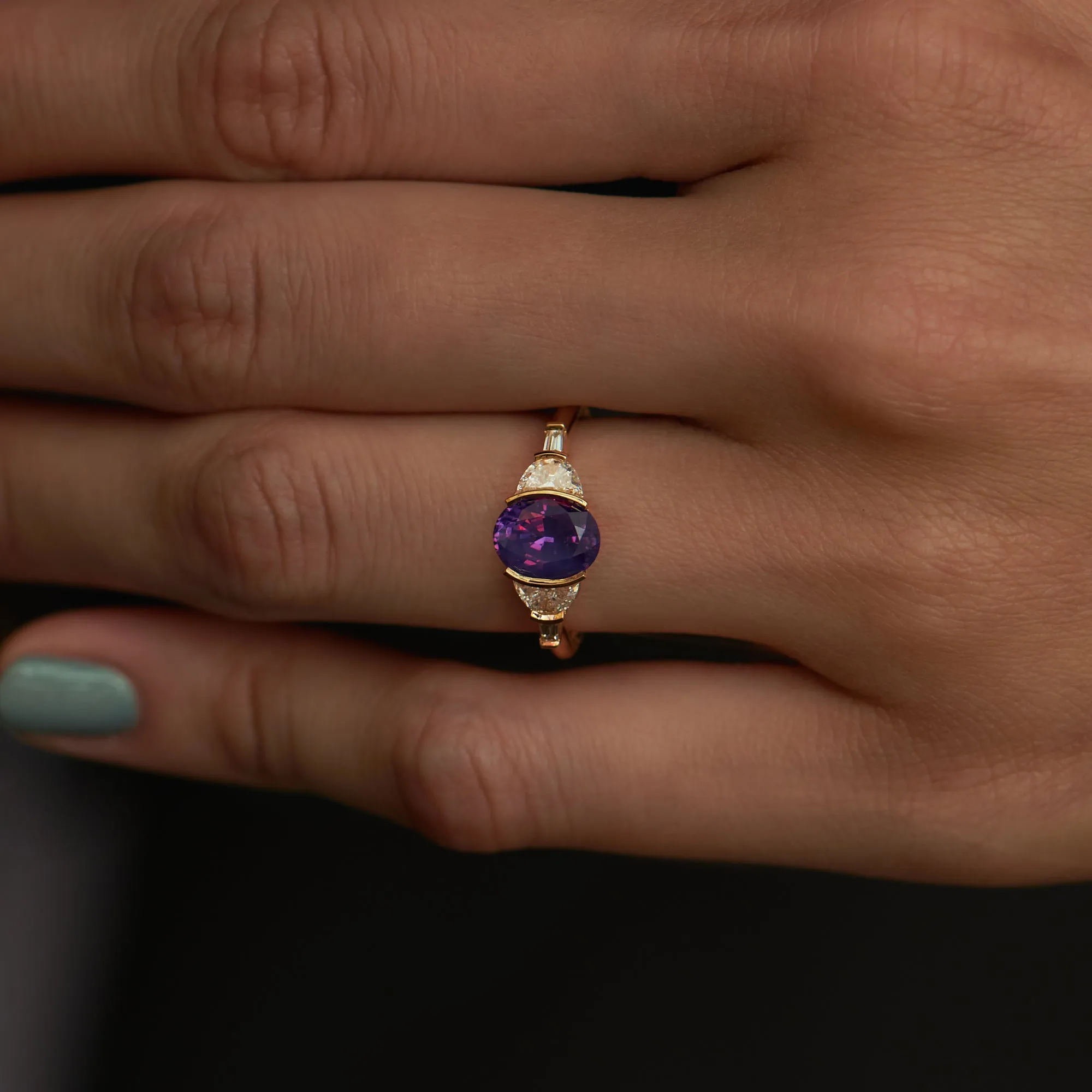 Neptune Violet Sapphire & Crescent Diamond Engagement Ring