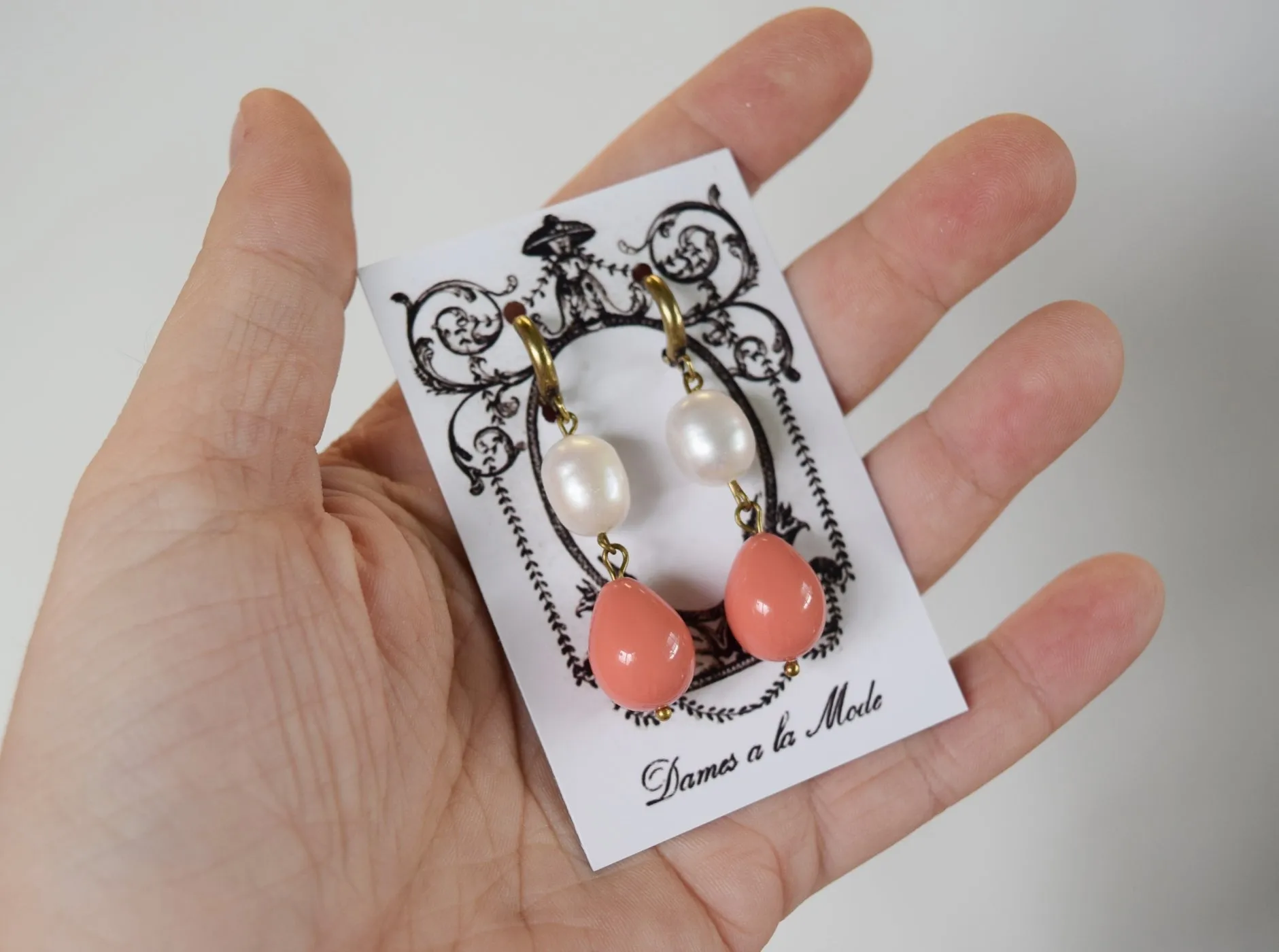 Pink Coral Shell and Pearl Earrings