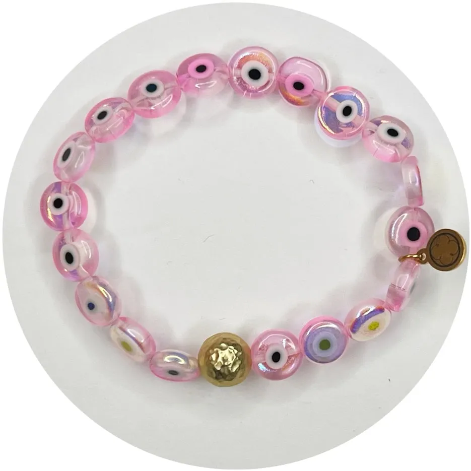 Pink Iridescent Evil Eye Glass with Hammered Gold Accent