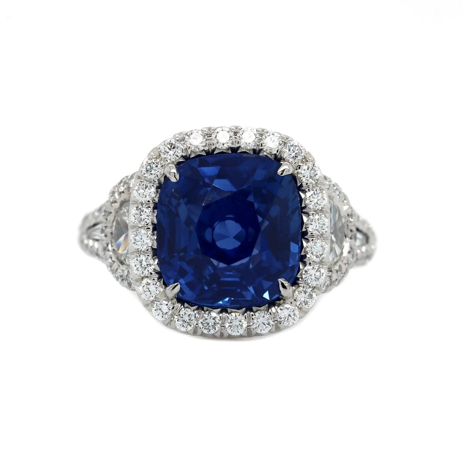 Platinum Cushion Cut Sapphire and Diamond Halo Ring