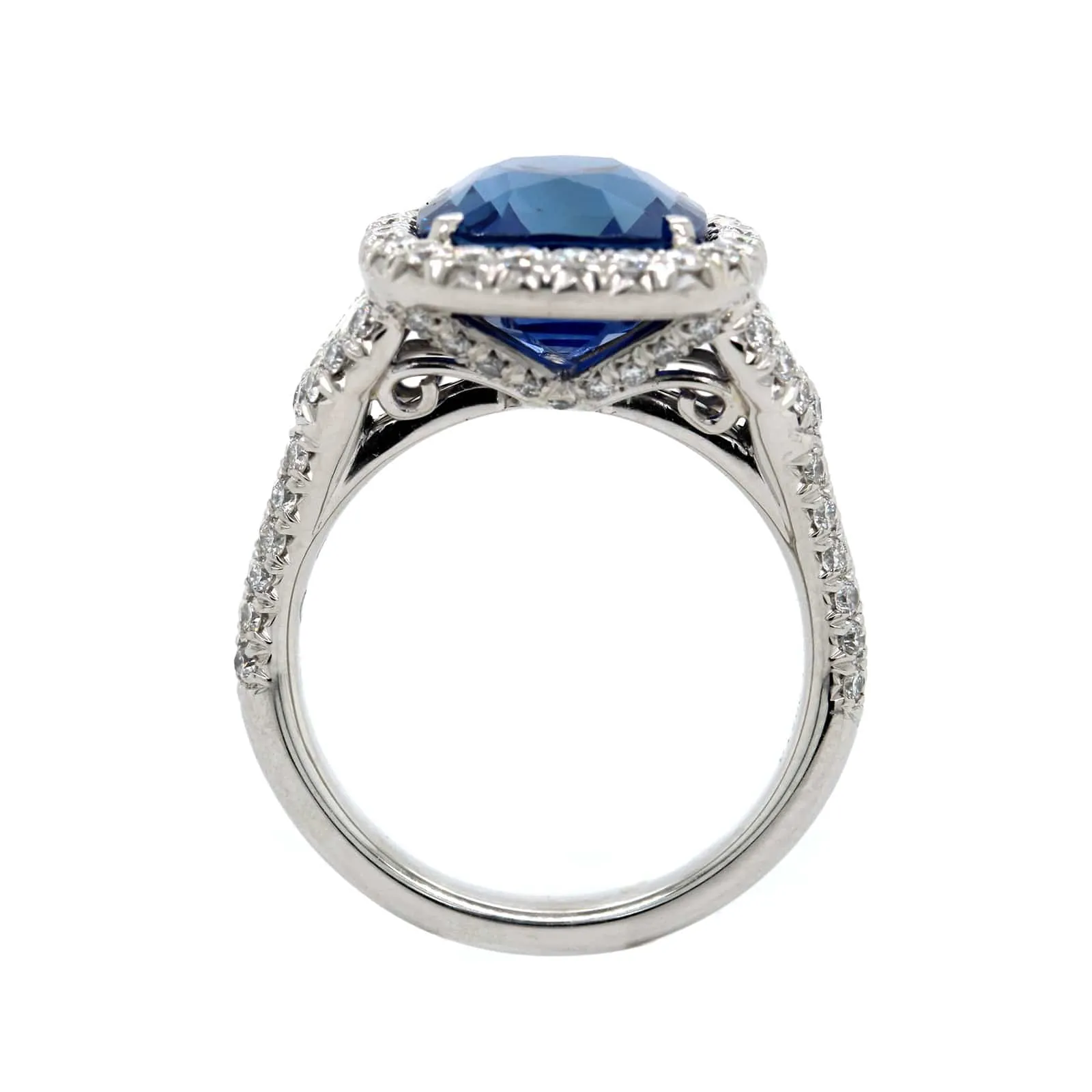 Platinum Cushion Cut Sapphire and Diamond Halo Ring