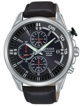 Pulsar Mens Solar Sport Chronograph - Black Dial - 100m - Black Leather - Date