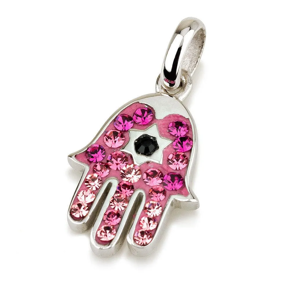 Silver hamsa necklace and pendant inlaid with quality colored crystals