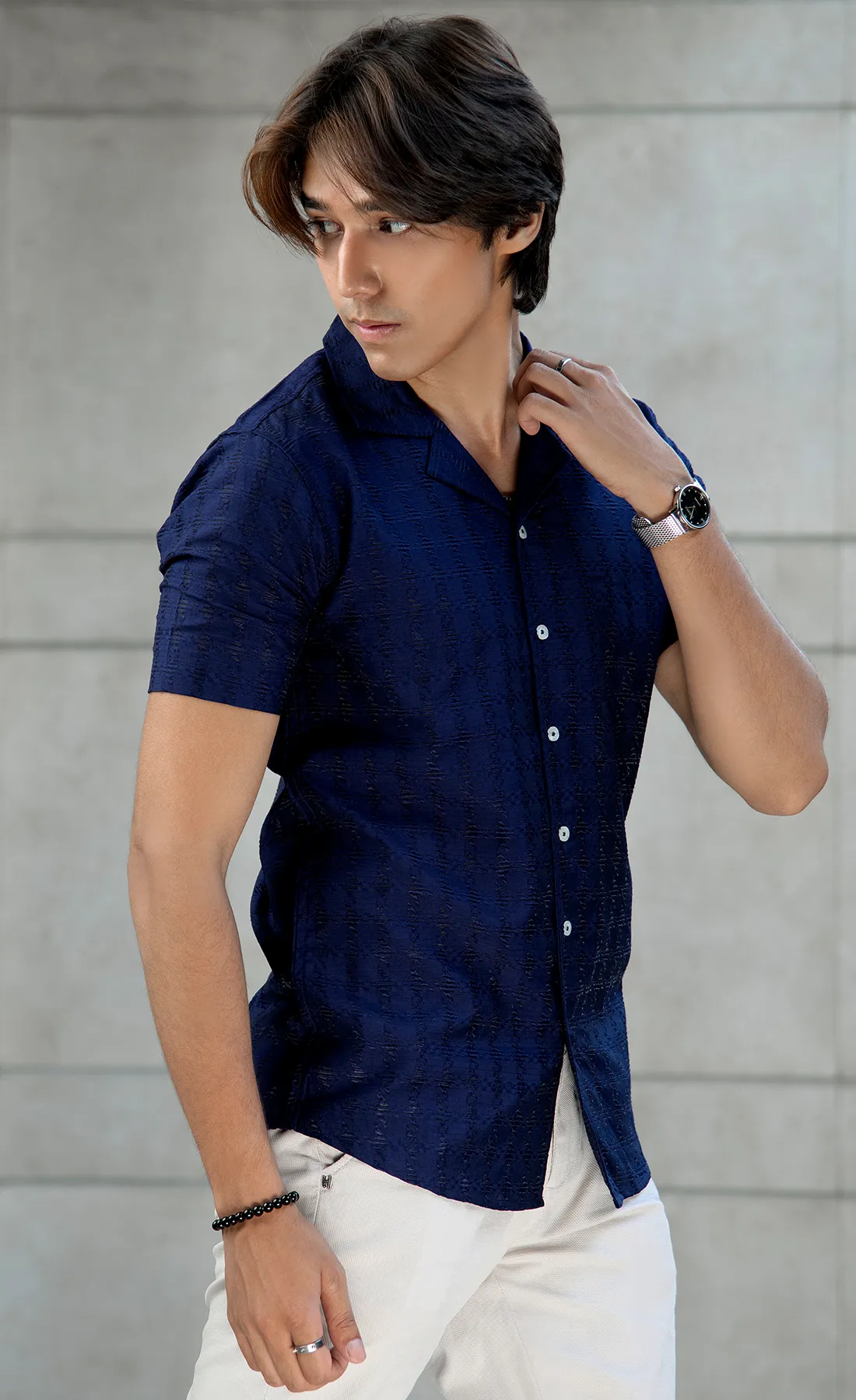 Textured Blue net cuban shirt