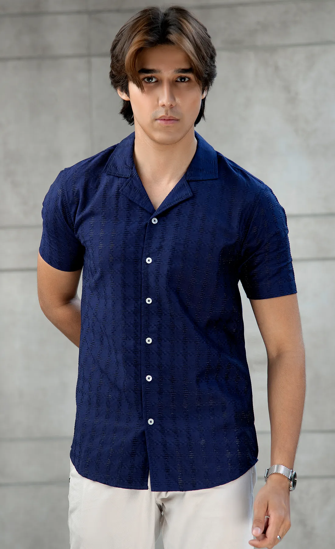 Textured Blue net cuban shirt