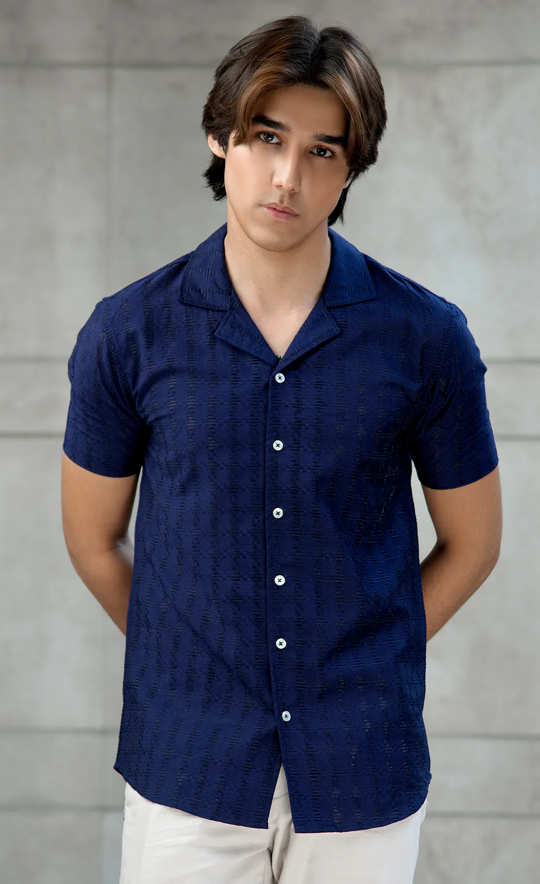 Textured Blue net cuban shirt