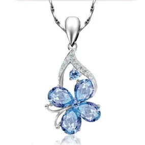 Trendy Clover Aquamarine Topaz Charms Pendant Necklace - 925 Sterling Silver