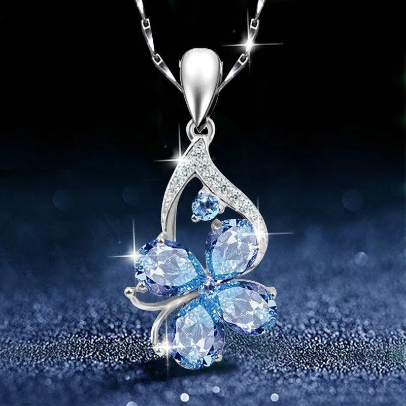 Trendy Clover Aquamarine Topaz Charms Pendant Necklace - 925 Sterling Silver