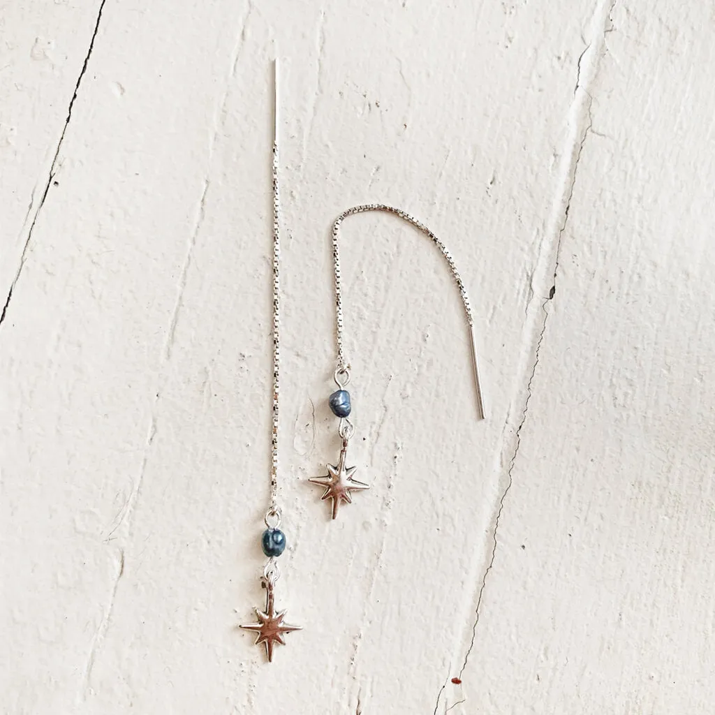 twilight star // sterling silver threader earrings with freshwater pearl & silver plated star