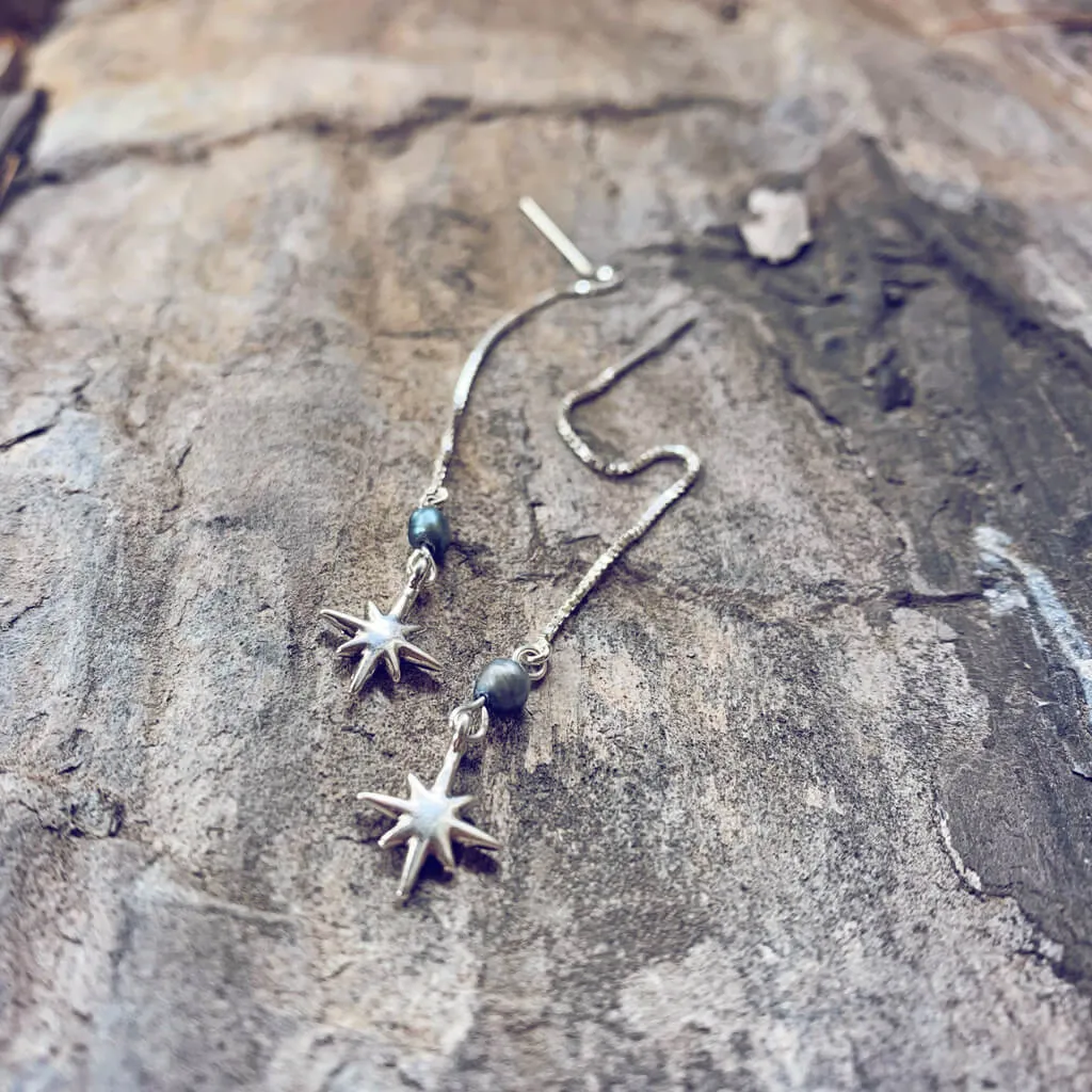 twilight star // sterling silver threader earrings with freshwater pearl & silver plated star