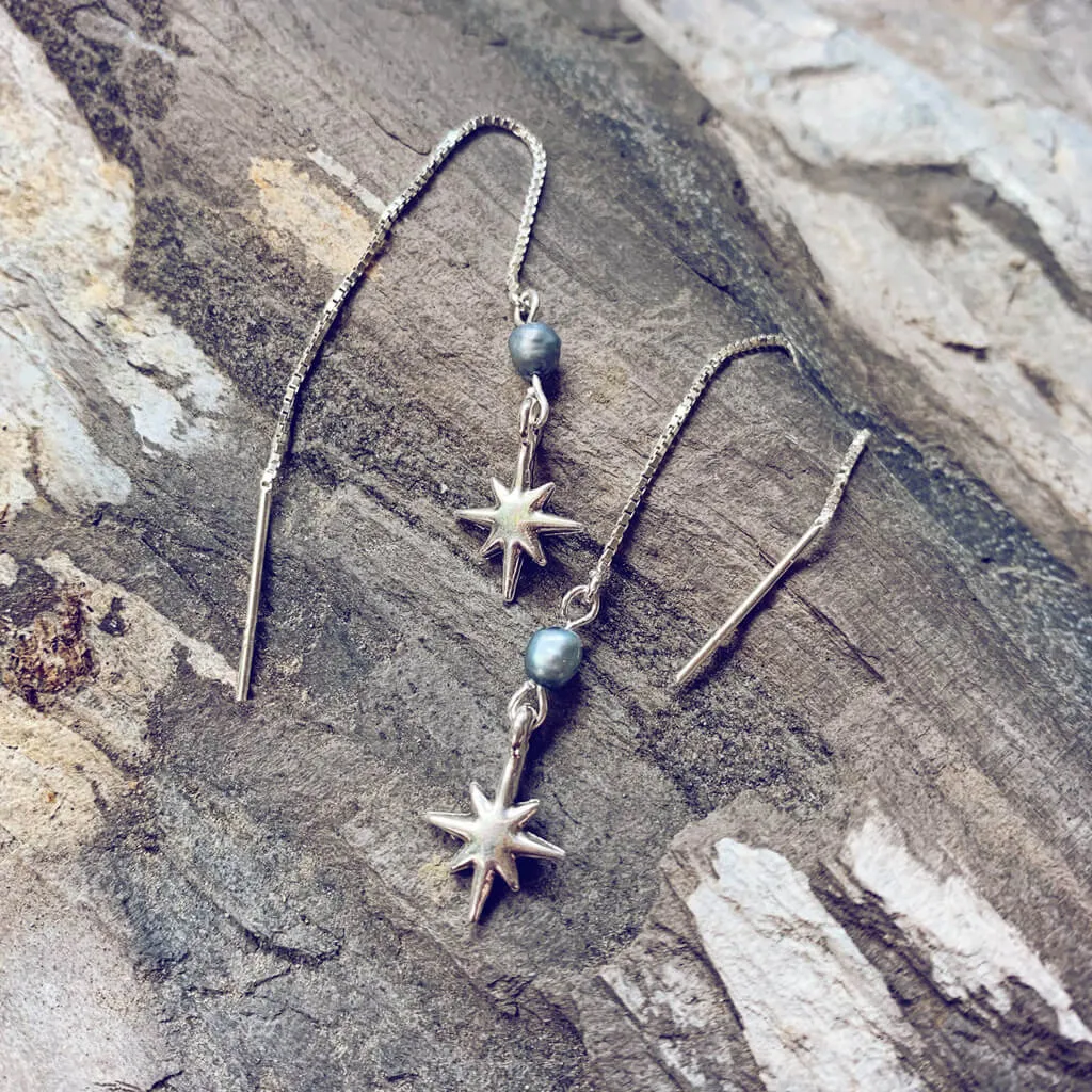 twilight star // sterling silver threader earrings with freshwater pearl & silver plated star