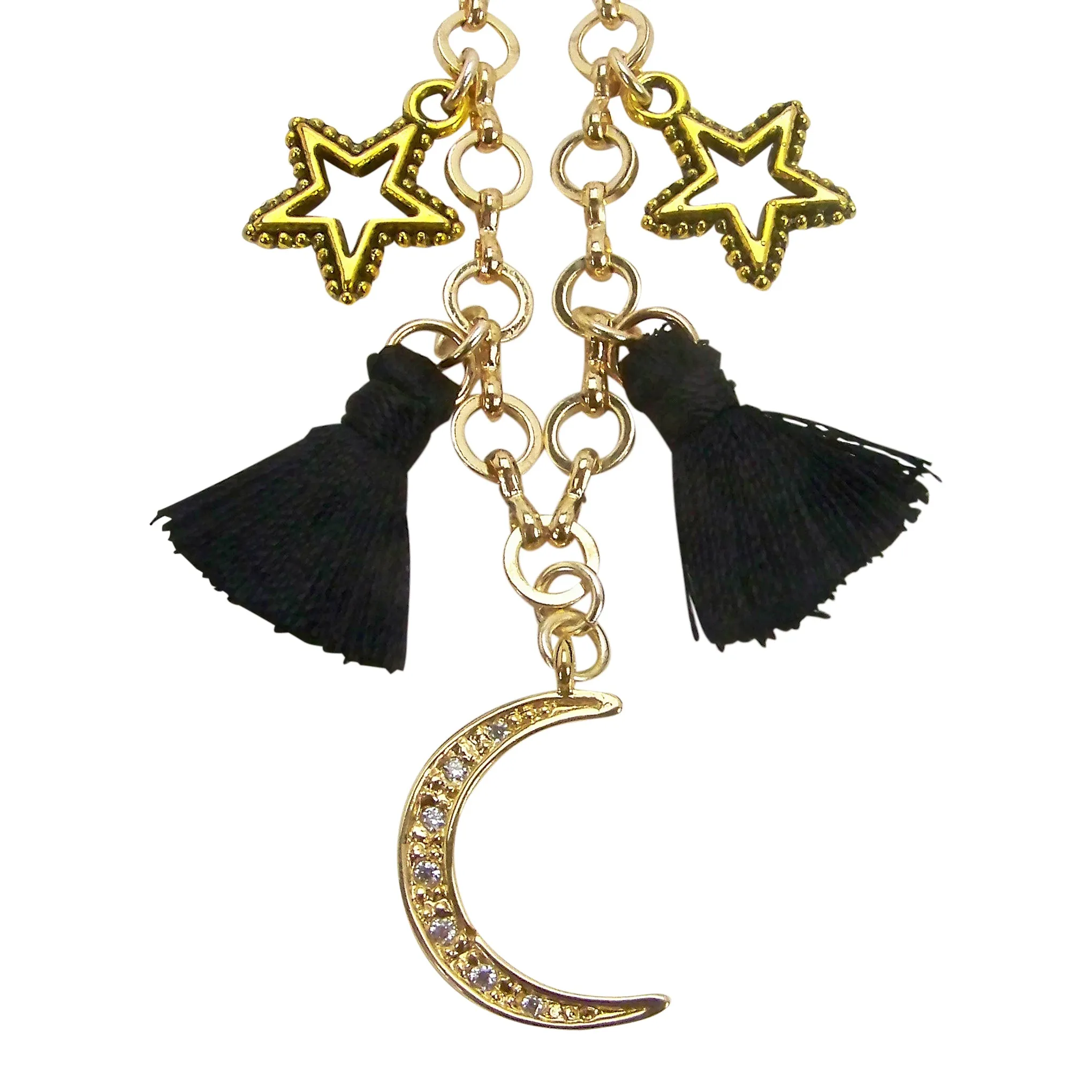 Yunis K Moon Stars and Tassel Necklace in Black and Gold Plated