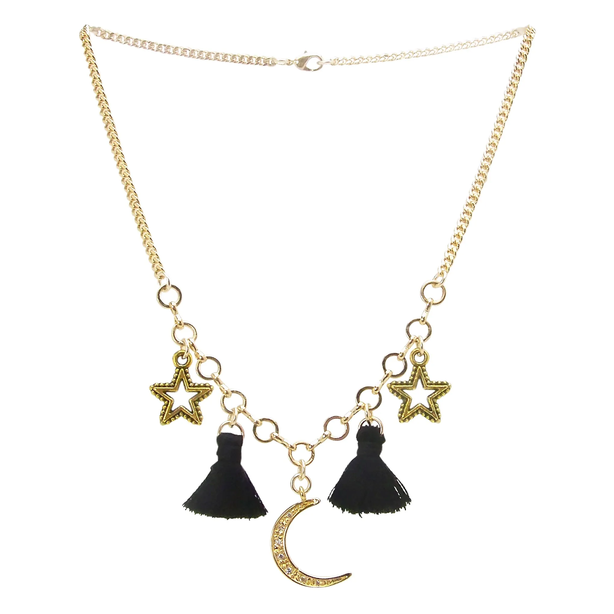 Yunis K Moon Stars and Tassel Necklace in Black and Gold Plated